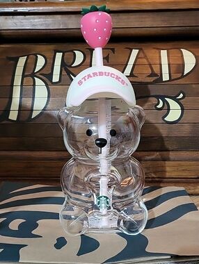 Starbucks Clear Bear Tumbler with Pink Strawberry Top